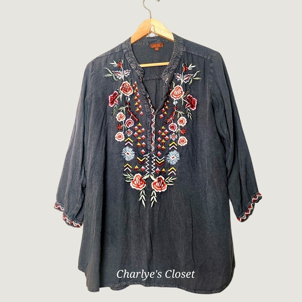 Scully Boho Westren Floral Embroidered Popover Blouse L Boho Coquette Flowy